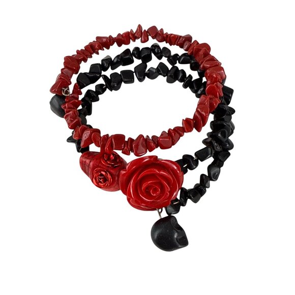 Gothic Red Black Rose Skull Beaded Memory Wire Bracelet Rockabilly Stretch - Picture 1 of 7